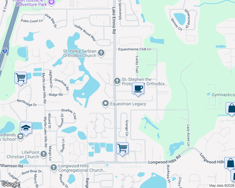 map of restaurants, bars, coffee shops, grocery stores, and more near 425 Meadowridge Cove in Longwood