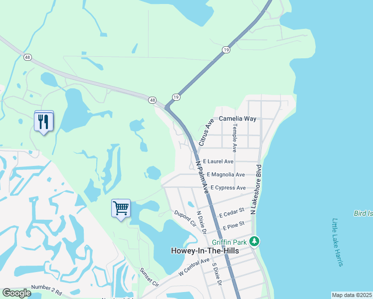 map of restaurants, bars, coffee shops, grocery stores, and more near 40 Camino Real in Howey-in-the-Hills