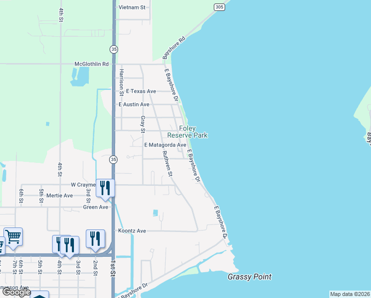 map of restaurants, bars, coffee shops, grocery stores, and more near 1809 East Bayshore Drive in Palacios