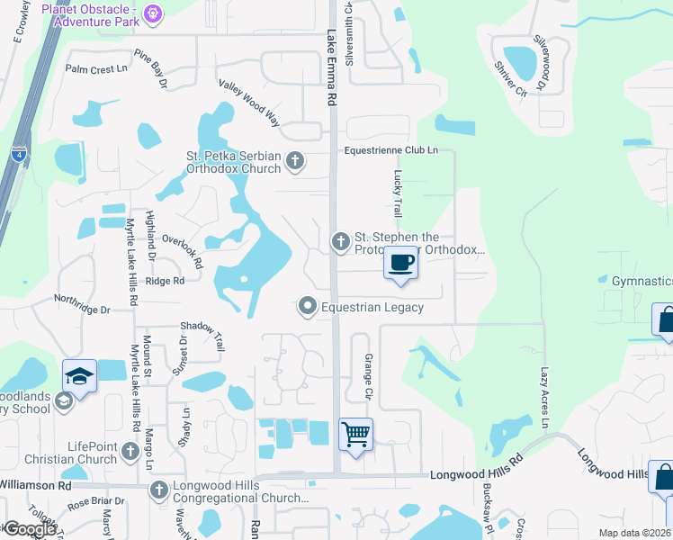 map of restaurants, bars, coffee shops, grocery stores, and more near 425 Meadowridge Cove in Longwood