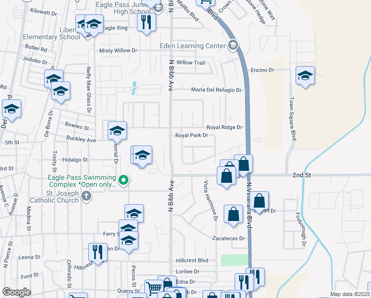 map of restaurants, bars, coffee shops, grocery stores, and more near 1208 Royal Point Drive in Eagle Pass