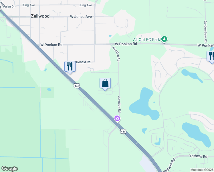 map of restaurants, bars, coffee shops, grocery stores, and more near 2624 Junction Road in Zellwood