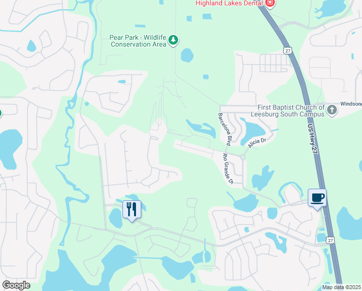 map of restaurants, bars, coffee shops, grocery stores, and more near 38 Conquistador Street in Leesburg