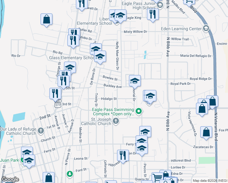 map of restaurants, bars, coffee shops, grocery stores, and more near 1100 North Comal Street in Eagle Pass