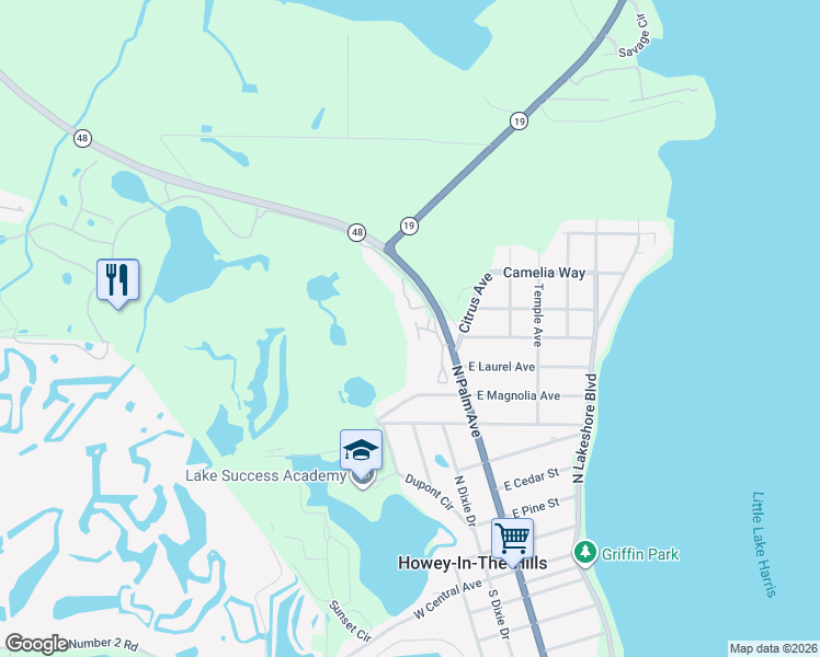 map of restaurants, bars, coffee shops, grocery stores, and more near 71 Camino Real in Howey-in-the-Hills