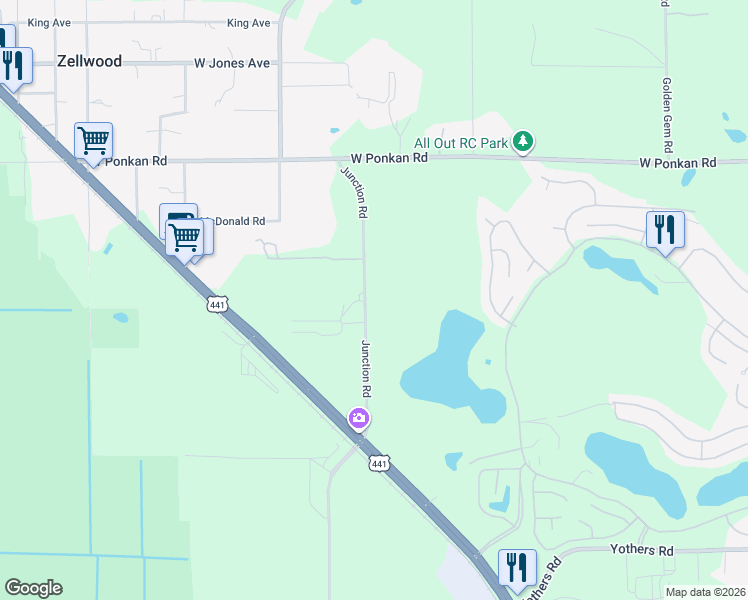 map of restaurants, bars, coffee shops, grocery stores, and more near 2624 Junction Road in Zellwood