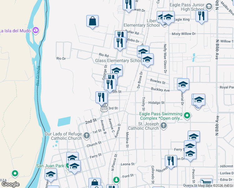 map of restaurants, bars, coffee shops, grocery stores, and more near 1170 5th St in Eagle Pass