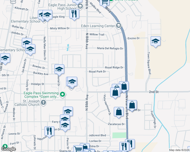 map of restaurants, bars, coffee shops, grocery stores, and more near 1208 Royal Point Drive in Eagle Pass