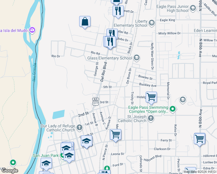 map of restaurants, bars, coffee shops, grocery stores, and more near 1170 5th Street in Eagle Pass