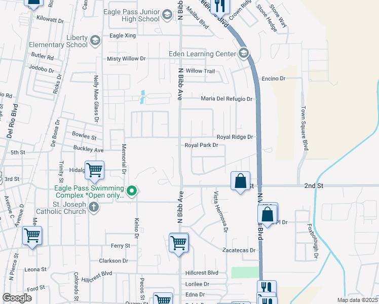 map of restaurants, bars, coffee shops, grocery stores, and more near 1208 Royal Point Drive in Eagle Pass