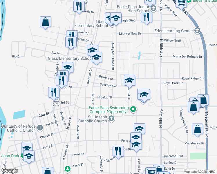 map of restaurants, bars, coffee shops, grocery stores, and more near 1100 North Comal Street in Eagle Pass
