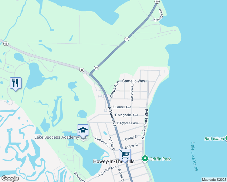 map of restaurants, bars, coffee shops, grocery stores, and more near Citrus Avenue in Howey-in-the-Hills