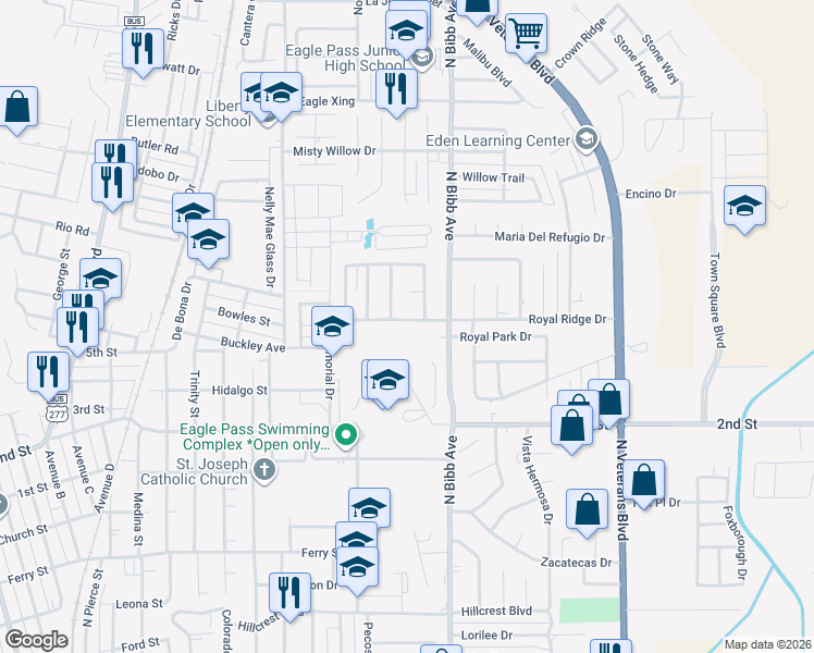 map of restaurants, bars, coffee shops, grocery stores, and more near 2036 Royal Ridge Dr in Eagle Pass
