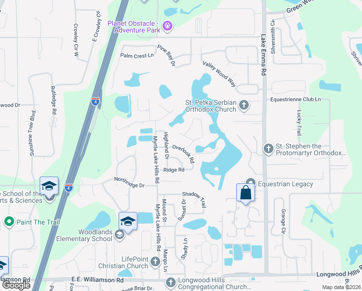 map of restaurants, bars, coffee shops, grocery stores, and more near 1661 Overlook Road in Longwood