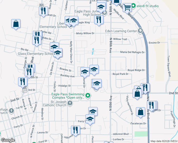 map of restaurants, bars, coffee shops, grocery stores, and more near 1904 Royal Ridge Drive in Eagle Pass