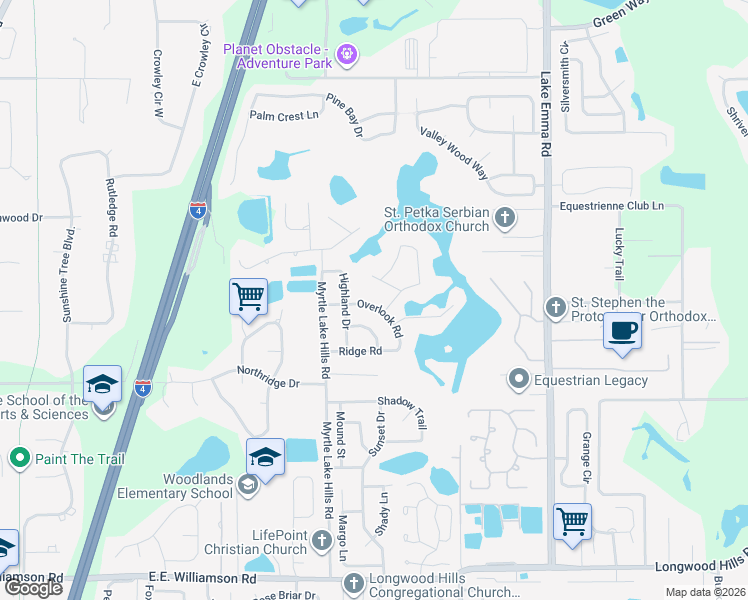 map of restaurants, bars, coffee shops, grocery stores, and more near 1661 Overlook Road in Longwood