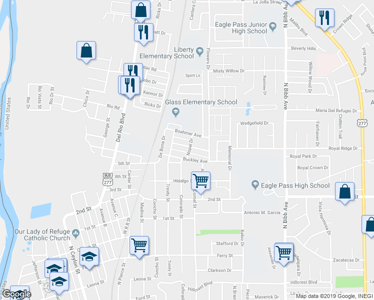 map of restaurants, bars, coffee shops, grocery stores, and more near 1596 Bowles Street in Eagle Pass