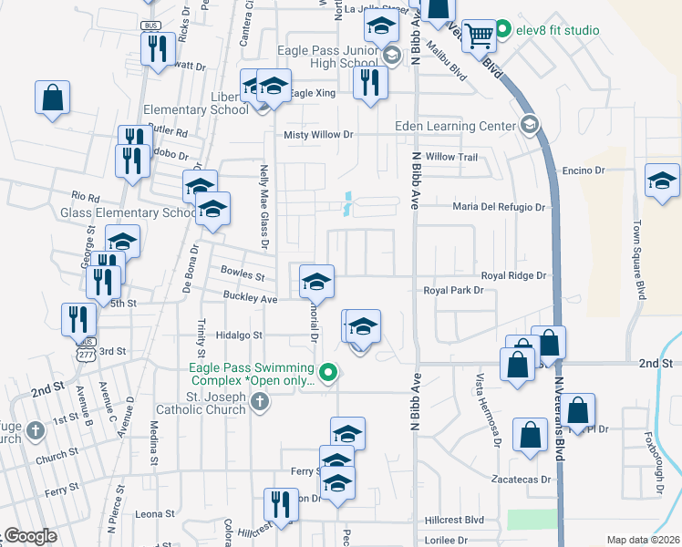 map of restaurants, bars, coffee shops, grocery stores, and more near 1904 Royal Ridge Drive in Eagle Pass
