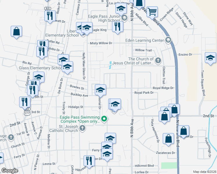 map of restaurants, bars, coffee shops, grocery stores, and more near 1904 Royal Ridge Drive in Eagle Pass