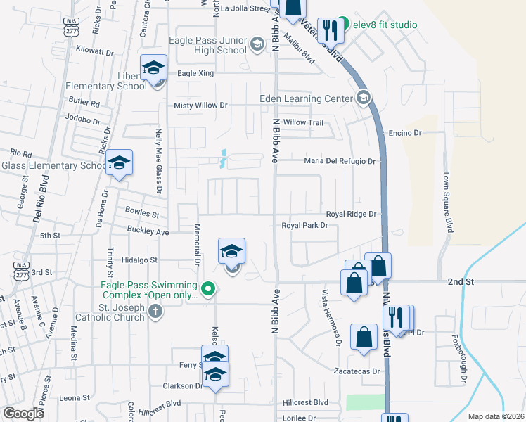 map of restaurants, bars, coffee shops, grocery stores, and more near 2124 Royal Ridge Drive in Eagle Pass