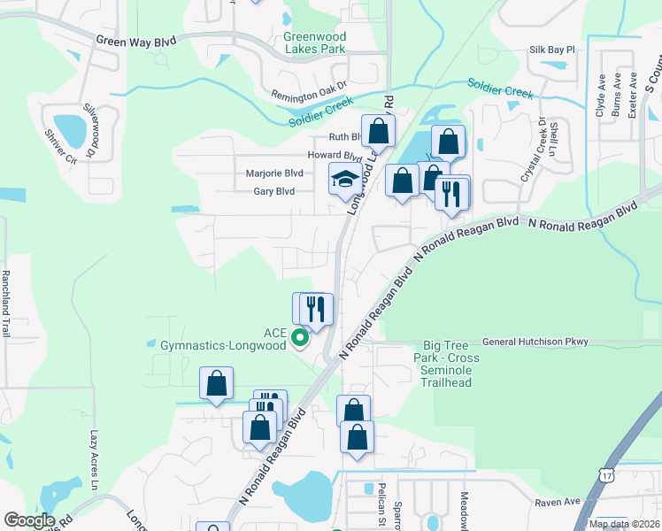 map of restaurants, bars, coffee shops, grocery stores, and more near 1701 Smokey Oak Way in Longwood