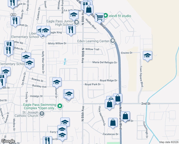 map of restaurants, bars, coffee shops, grocery stores, and more near 1242 Royal Haven Drive in Eagle Pass