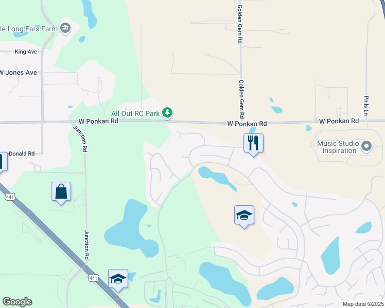 map of restaurants, bars, coffee shops, grocery stores, and more near 4130 Greenbluff Road in Zellwood