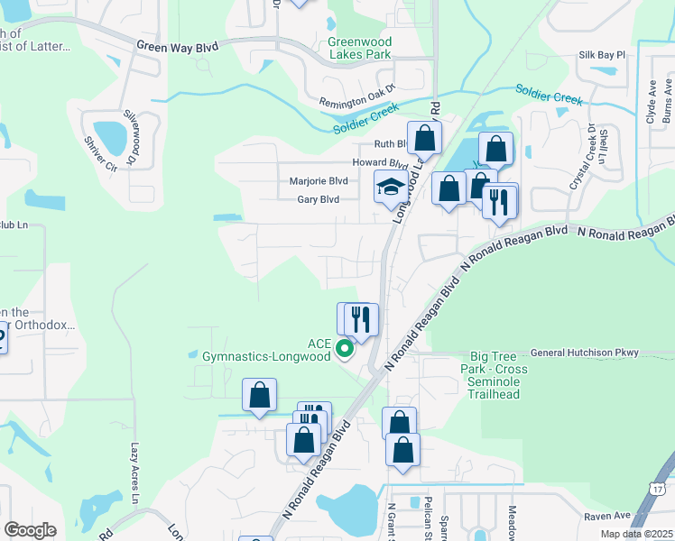 map of restaurants, bars, coffee shops, grocery stores, and more near 1762 Barrett Leaf Lane in Longwood