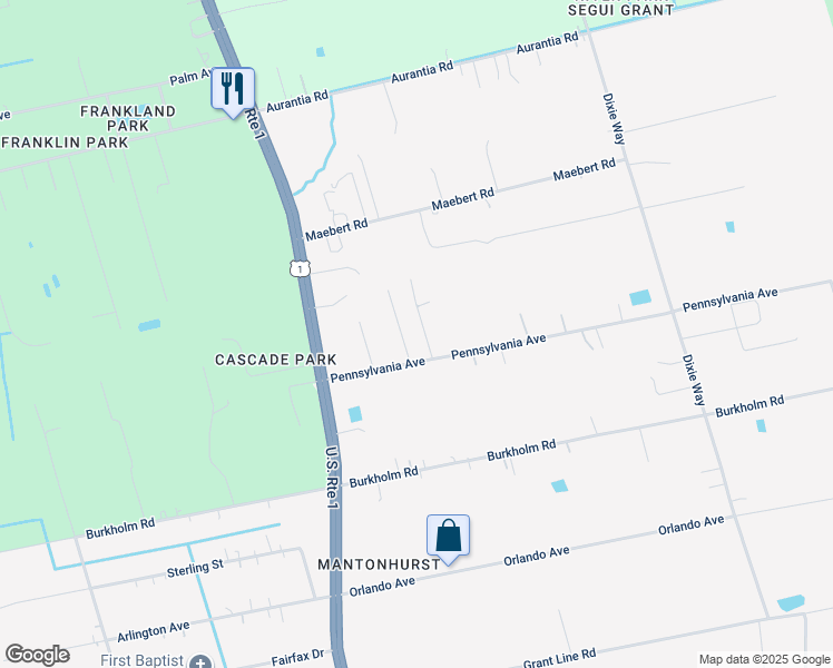 map of restaurants, bars, coffee shops, grocery stores, and more near 4542 Whiskey Lane in Mims