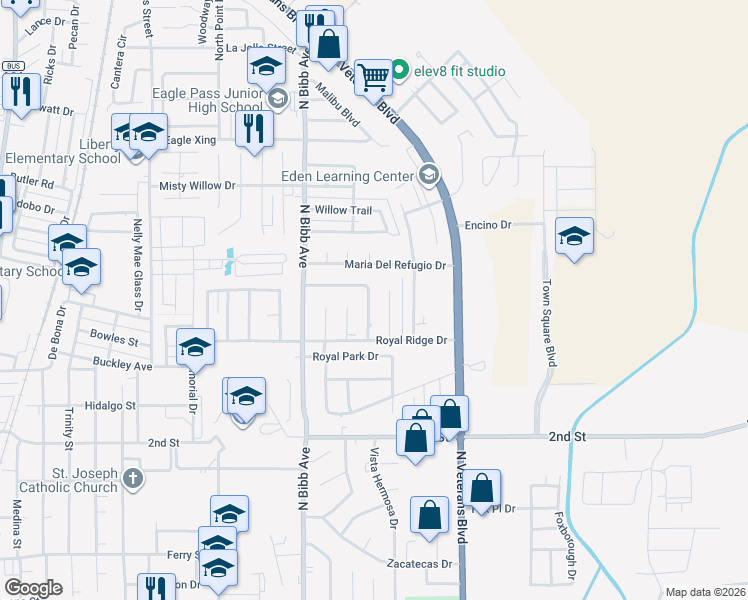 map of restaurants, bars, coffee shops, grocery stores, and more near 1232 Fairhaven Drive in Eagle Pass