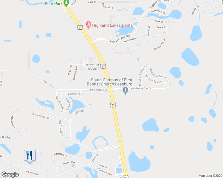 map of restaurants, bars, coffee shops, grocery stores, and more near 25954 Florida 25 in Leesburg