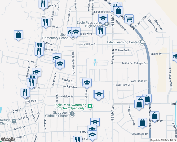 map of restaurants, bars, coffee shops, grocery stores, and more near 1289 Grand Park Lane in Eagle Pass