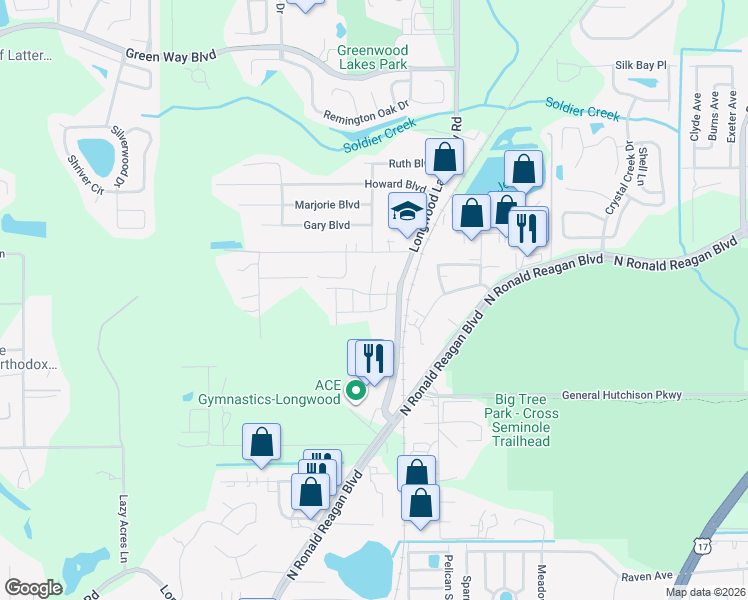 map of restaurants, bars, coffee shops, grocery stores, and more near 1714 Smokey Oak Way in Longwood