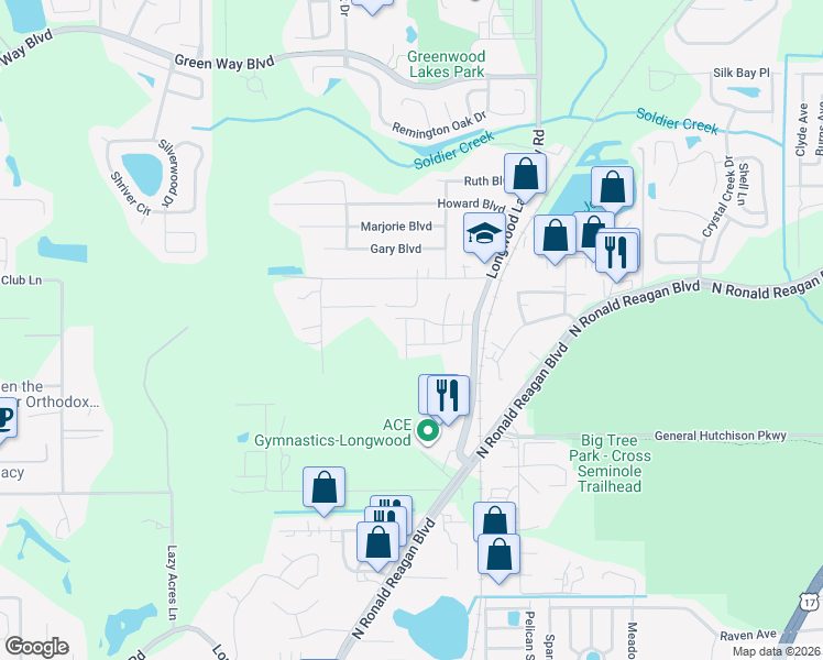 map of restaurants, bars, coffee shops, grocery stores, and more near 1762 Barrett Leaf Lane in Longwood