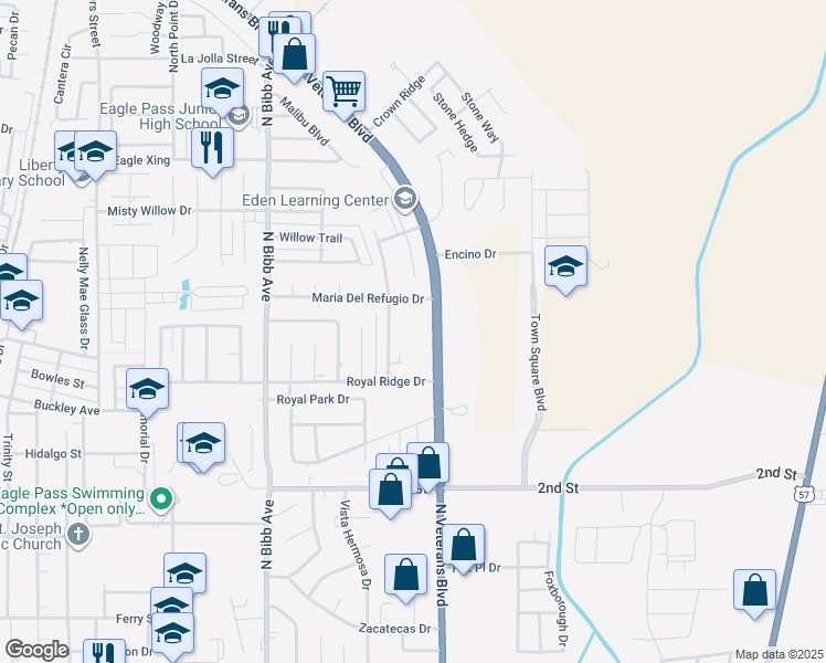 map of restaurants, bars, coffee shops, grocery stores, and more near 2255 North Veterans Boulevard in Eagle Pass