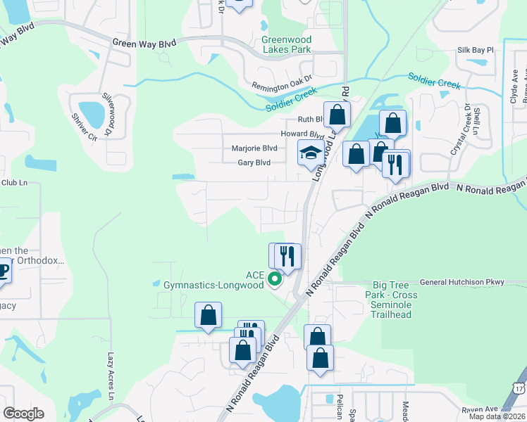 map of restaurants, bars, coffee shops, grocery stores, and more near 1571 Downy Birch Lane in Longwood