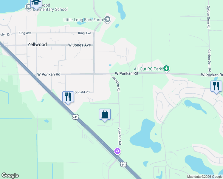 map of restaurants, bars, coffee shops, grocery stores, and more near 4850 West Ponkan Road in Apopka