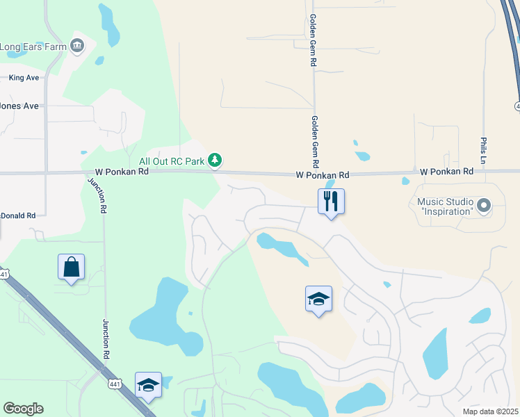 map of restaurants, bars, coffee shops, grocery stores, and more near 4130 Greenbluff Road in Zellwood
