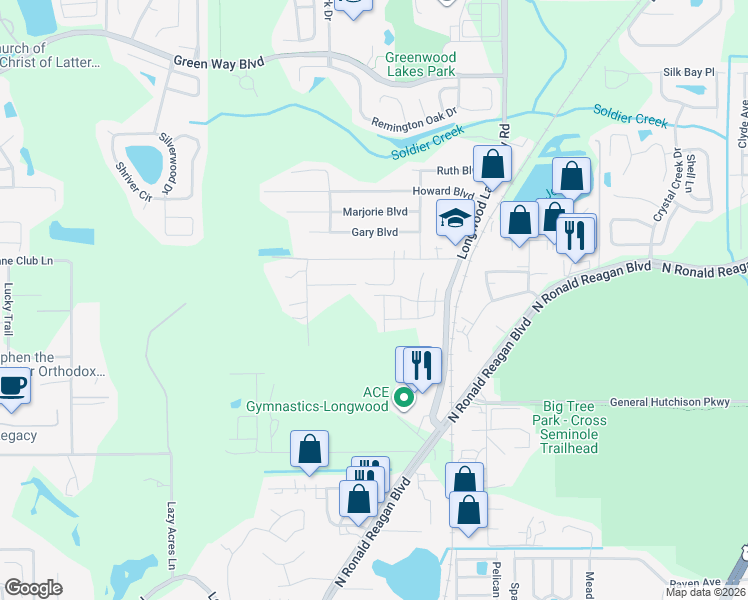 map of restaurants, bars, coffee shops, grocery stores, and more near 601 Joyful Blossom Place in Longwood