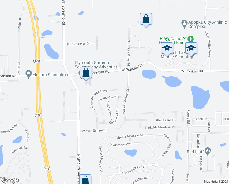 map of restaurants, bars, coffee shops, grocery stores, and more near 2636 Ponkan Meadow Drive in Apopka