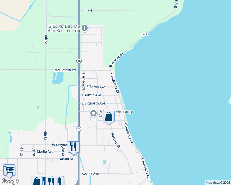 map of restaurants, bars, coffee shops, grocery stores, and more near 2111 Petersen Street in Palacios