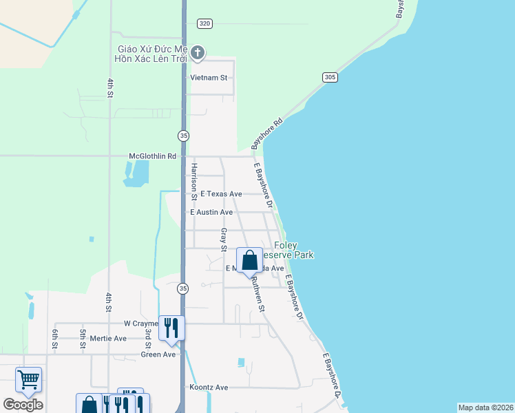 map of restaurants, bars, coffee shops, grocery stores, and more near 2111 Petersen Street in Palacios