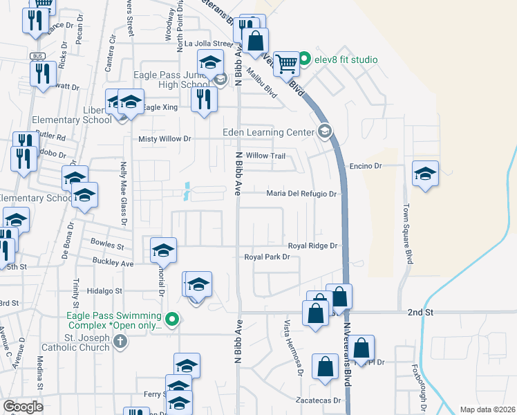 map of restaurants, bars, coffee shops, grocery stores, and more near 1242 Royal Haven Drive in Eagle Pass
