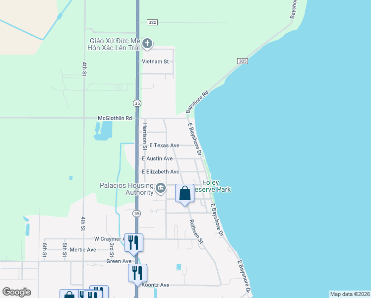 map of restaurants, bars, coffee shops, grocery stores, and more near 2301 East Bayshore Drive in Palacios
