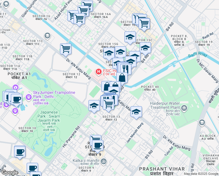 map of restaurants, bars, coffee shops, grocery stores, and more near in Delhi