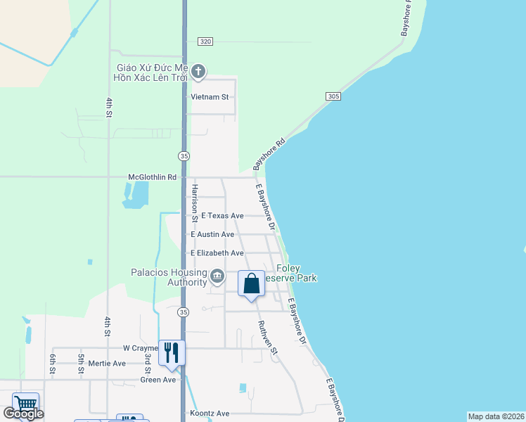 map of restaurants, bars, coffee shops, grocery stores, and more near 2301 East Bayshore Drive in Palacios