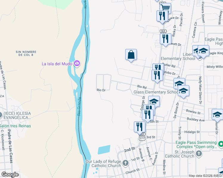 map of restaurants, bars, coffee shops, grocery stores, and more near 1625 Rio Drive in Eagle Pass