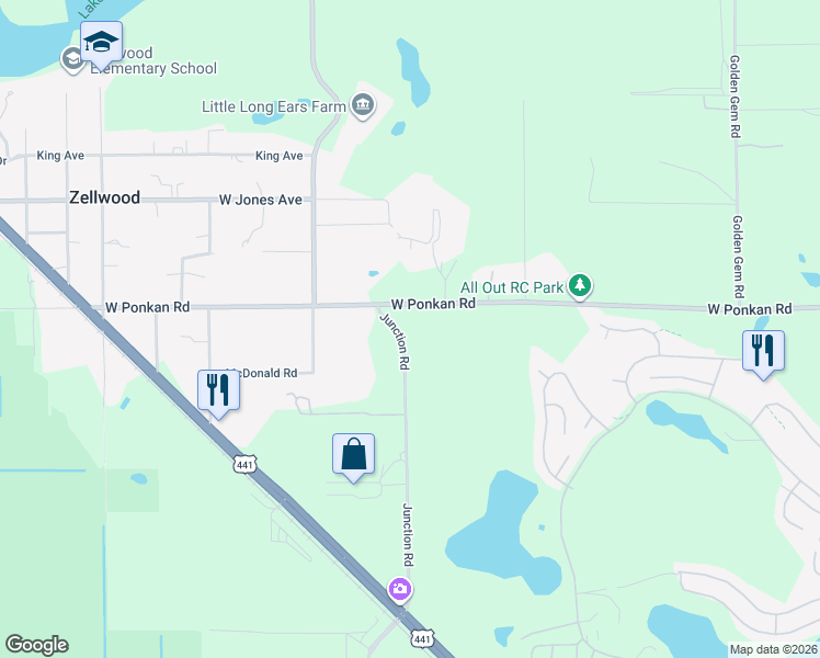 map of restaurants, bars, coffee shops, grocery stores, and more near 2923 Junction Rd in Zellwood