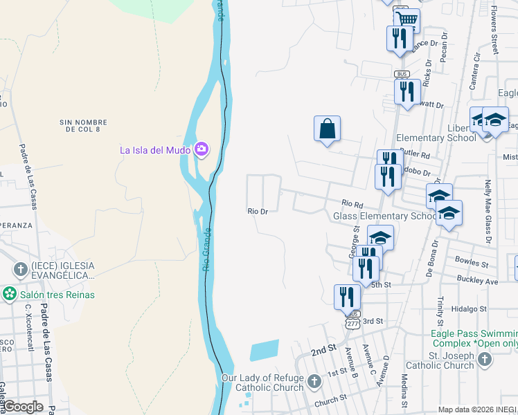 map of restaurants, bars, coffee shops, grocery stores, and more near 1612 Rio Vista Street in Eagle Pass