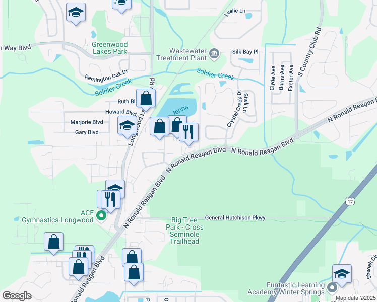 map of restaurants, bars, coffee shops, grocery stores, and more near 2520 County Road 427 in Longwood